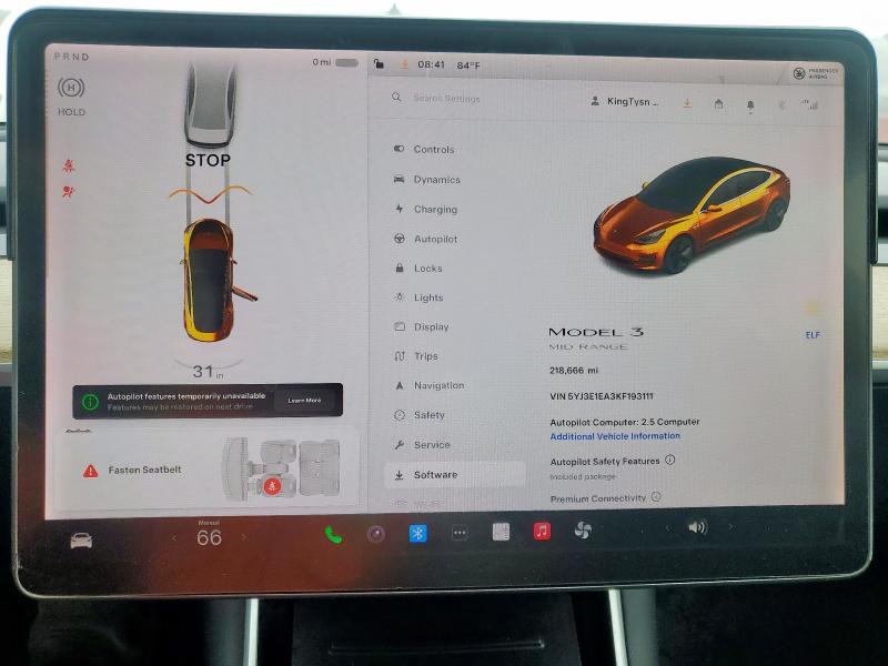 5YJ3E1EA3KF193111 - 2019 TESLA MODEL 3 Қара фото 9