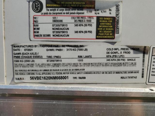 56VBE1620NM668001 - 2022 RC TRAILER WHITE photo 10