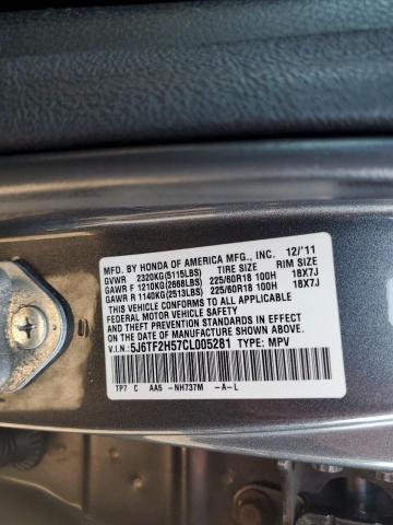 5J6TF2H57CL005281 - 2012 HONDA CROSSTOUR EXL ნაცრისფერი ფოტო 12