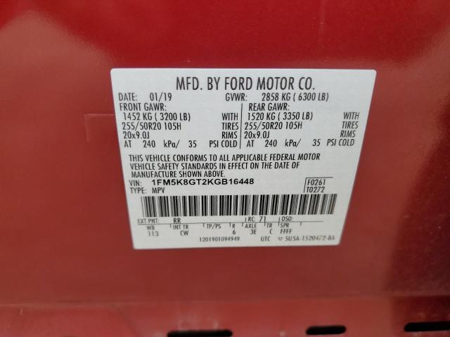 1FM5K8GT2KGB16448 - 2019 FORD EXPLORER SPORT Rouge photo 14