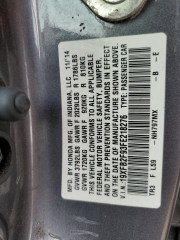 19XFB2F93FE218276 - 2015 HONDA CIVIC EXL GRAY photo 13