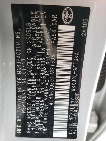 4T1BK3DB0BU374535 - 2011 TOYOTA AVALON BASE 银色 照片 12