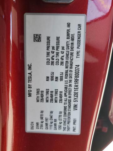 5YJ3E1EA1RF800374 - 2024 TESLA MODEL 3 RED photo 13