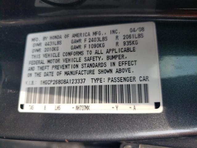 1HGCP26808A123337 - 2008 HONDA ACCORD EXL GRAY photo 12