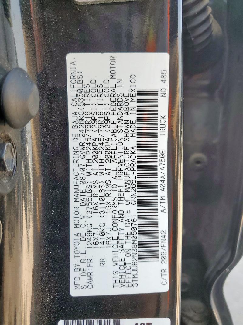 3TMJU62N38M050761 - 2008 TOYOTA TACOMA DOUBLE CAB PRERUNNER BLACK photo 12