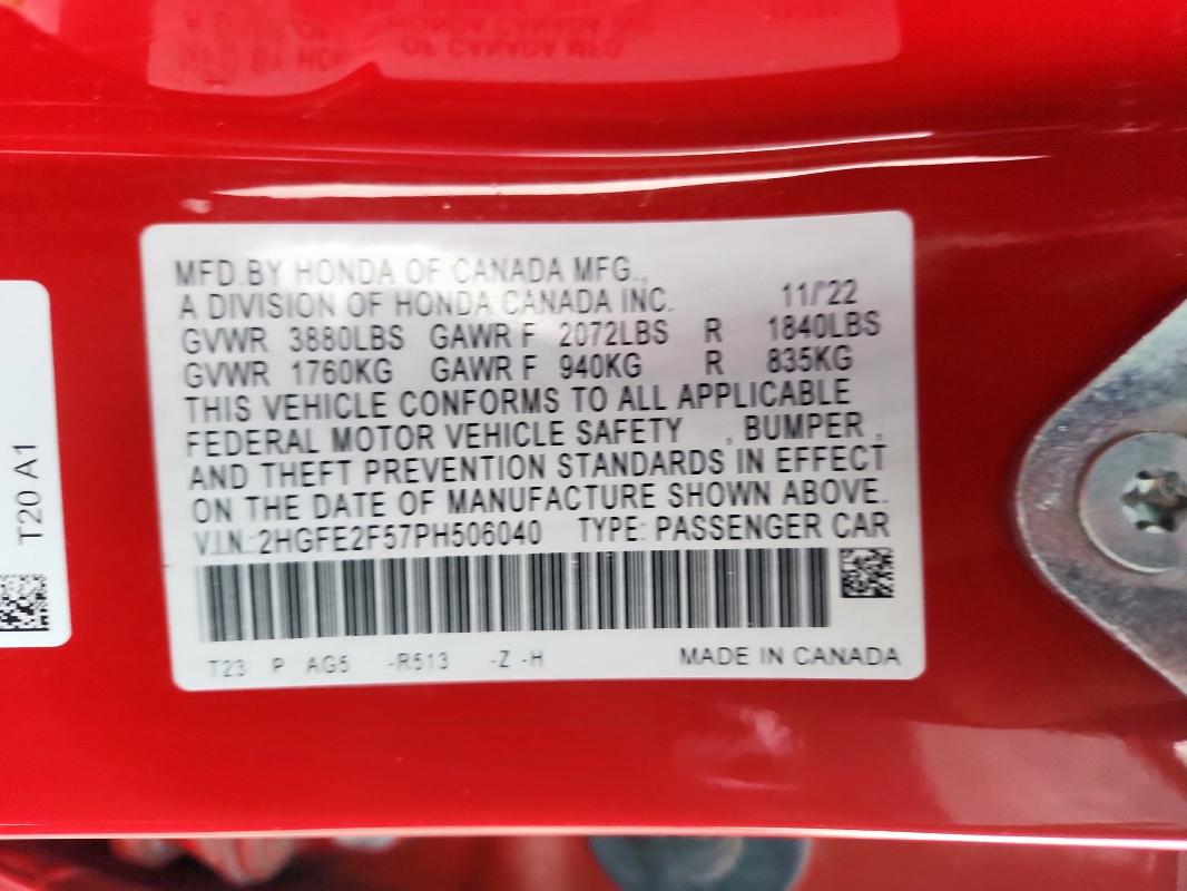 2HGFE2F57PH506040 - 2023 HONDA CIVIC SPORT 红色 照片 12