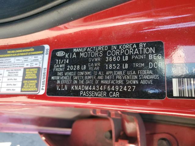 KNADM4A34F6492427 - 2015 KIA RIO LX RED photo 12