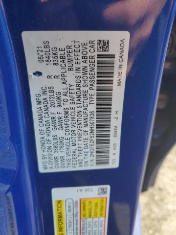 2HGFE2F52NH507836 - 2022 HONDA CIVIC SPORT ლურჯი ფოტო 12