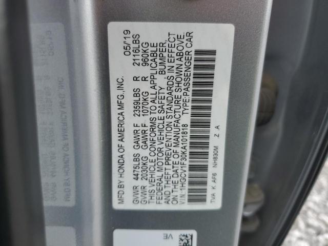 1HGCV1F30KA101818 - 2019 HONDA ACCORD SPORT Srebrny zdjęcie 12