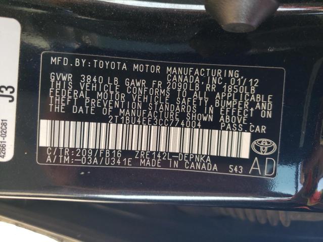 2T1BU4EE3CC774004 - 2012 TOYOTA COROLLA LE BASE BLACK photo 12