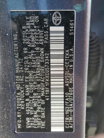 4T1BF1FKXCU573342 - 2012 TOYOTA CAMRY BASE GRAY photo 12