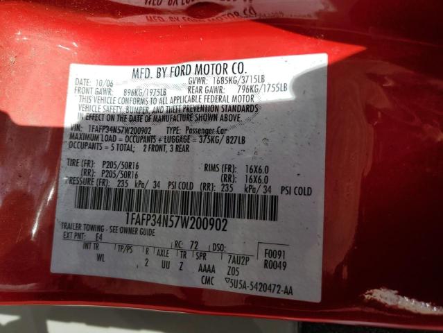 1FAFP34N57W200902 - 2007 FORD FOCUS ZX4 წითელი ფოტო 12