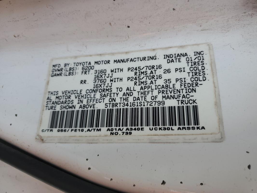 5TBRT34161S172799 - 2001 TOYOTA TUNDRA ACCESS CAB Սպիտակ լուսանկար 12