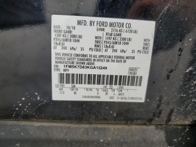 1FM5K7D83KGA15249 - 2019 FORD EXPLORER XLT Noir photo 14