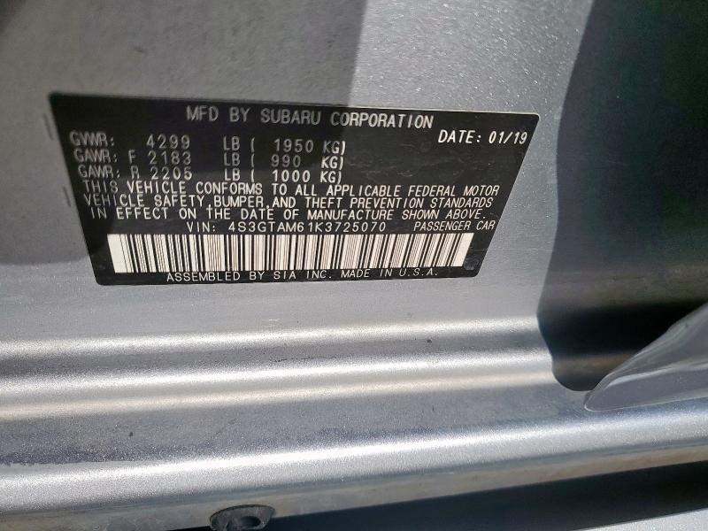 4S3GTAM61K3725070 - 2019 SUBARU IMPREZA SPORT 银色 照片 12