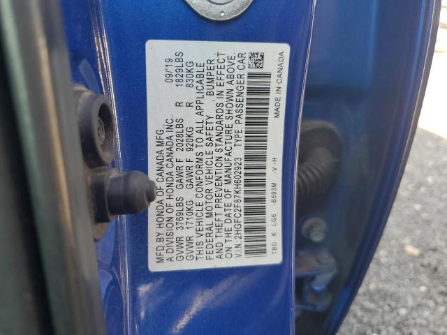 2HGFC2F87KH602923 - 2019 HONDA CIVIC SPORT BLUE photo 12