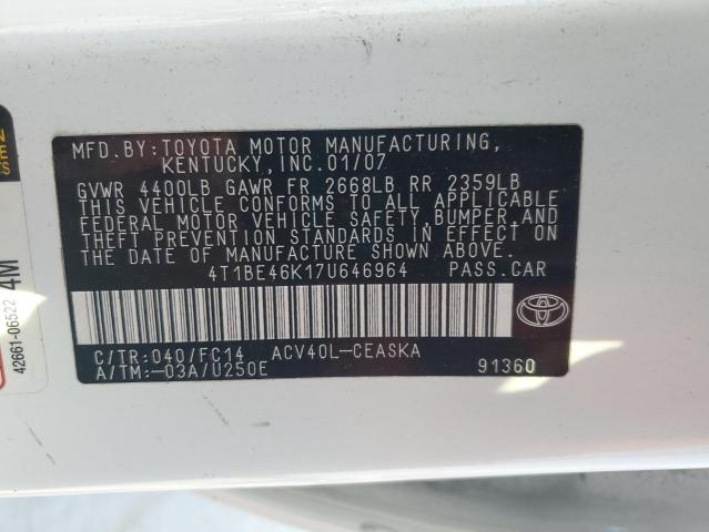 4T1BE46K17U646964 - 2007 TOYOTA CAMRY CE WHITE photo 12
