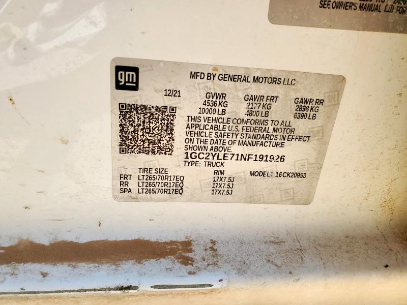 1GC2YLE71NF191926 - 2022 CHEVROLET SILVERADO K2500 HEAVY DUTY WHITE photo 13