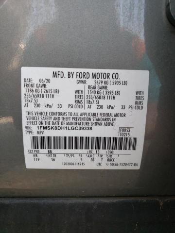 1FMSK8DH1LGC39338 - 2020 FORD EXPLORER XLT SILVER photo 13