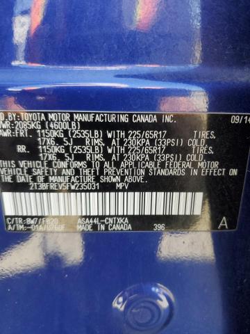 2T3BFREV5FW235031 - 2015 TOYOTA RAV4 LE BLUE photo 13