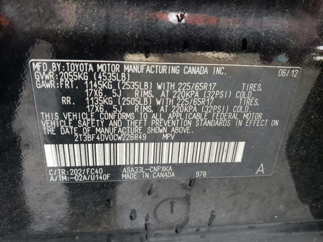 2T3BF4DV0CW226849 - 2012 TOYOTA RAV4 BLACK photo 13