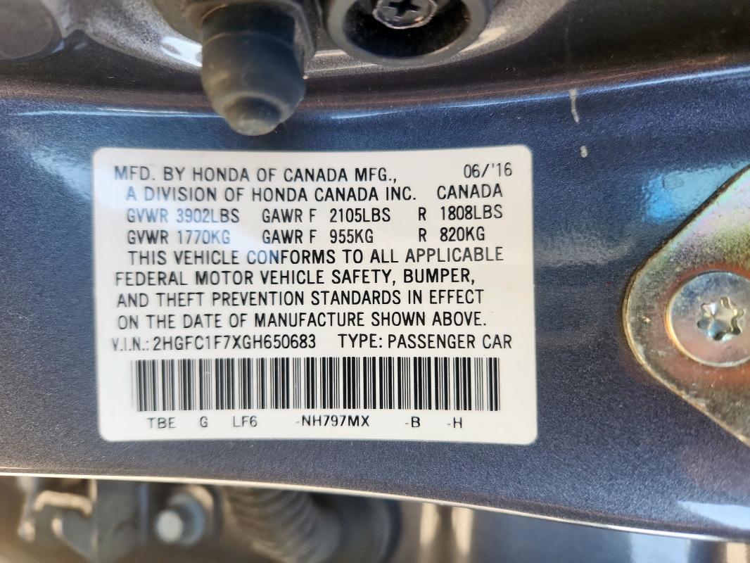 2HGFC1F7XGH650683 - 2016 HONDA CIVIC EXL ნაცრისფერი ფოტო 12