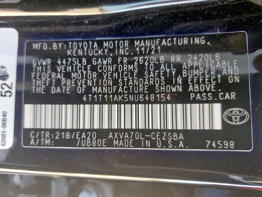 4T1T11AK5NU648154 - 2022 TOYOTA CAMRY SE 黑色 照片 13