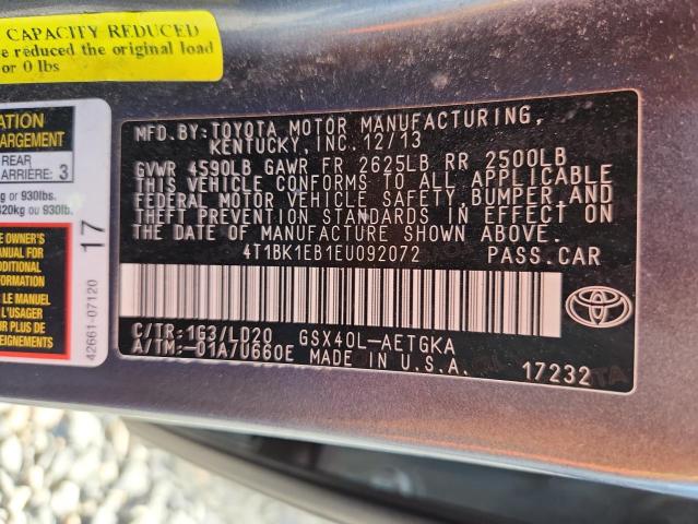 4T1BK1EB1EU092072 - 2014 TOYOTA AVALON BASE GRAY photo 12