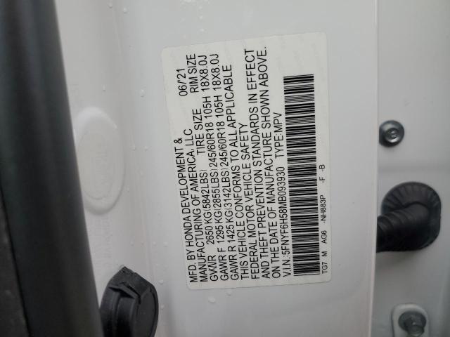 5FNYF6H58MB093930 - 2021 HONDA PILOT EXL WHITE photo 13