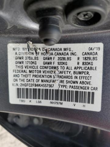 2HGFC2F84KH557567 - 2019 HONDA CIVIC SPORT GRAY photo 13