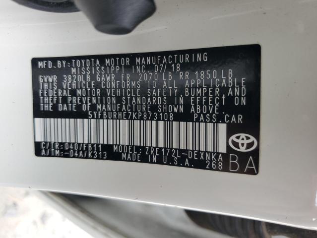 5YFBURHE7KP873108 - 2019 TOYOTA COROLLA L თეთრი ფოტო 12