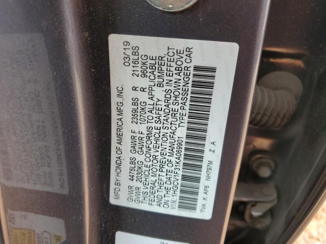 1HGCV1F31KA069901 - 2019 HONDA ACCORD SPORT GRAY photo 12