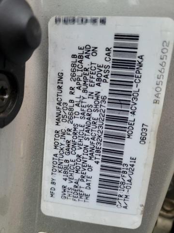 4T1BE32K23U222736 - 2003 TOYOTA CAMRY LE SILVER photo 12