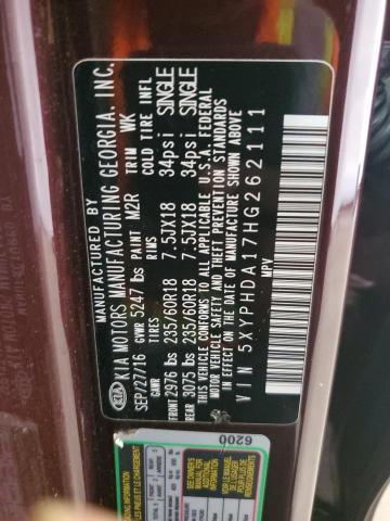 5XYPHDA17HG262111 - 2017 KIA SORENTO EX BURGUNDY photo 12