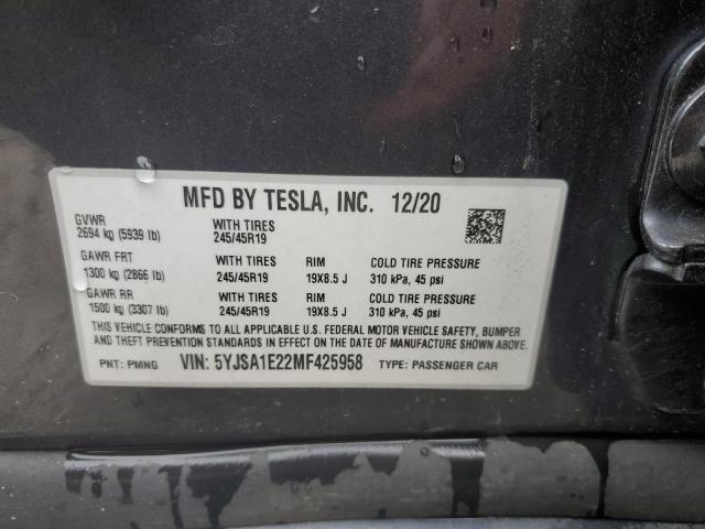 5YJSA1E22MF425958 - 2021 TESLA MODEL S GRAY photo 12