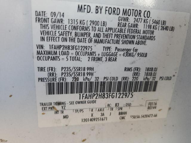 1FAHP2H83FG122975 - 2015 FORD TAURUS SEL WHITE photo 12