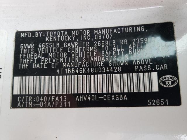 4T1BB46K48U034428 - 2008 TOYOTA CAMRY HYBRID WHITE photo 10