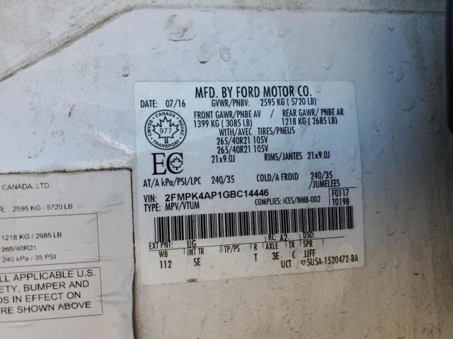 2FMPK4AP1GBC14446 - 2016 FORD EDGE SPORT 白色 照片 12