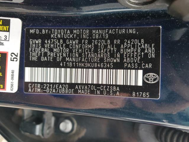 4T1B11HK9KU846345 - 2019 TOYOTA CAMRY L BLUE photo 12