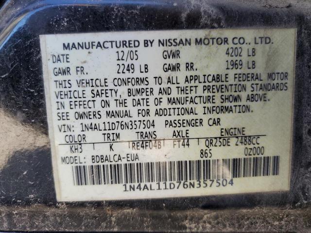 1N4AL11D76N357504 - 2006 NISSAN ALTIMA S BLACK photo 12