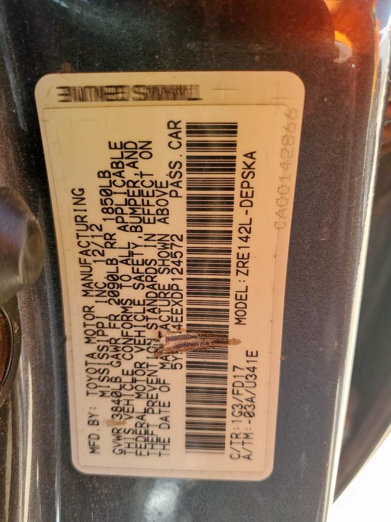 5YFBU4EEXDP124572 - 2013 TOYOTA COROLLA BASE Grafitowy zdjęcie 12