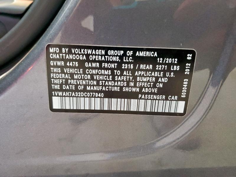 1VWAH7A32DC077940 - 2013 VOLKSWAGEN PASSAT S GRAY photo 12