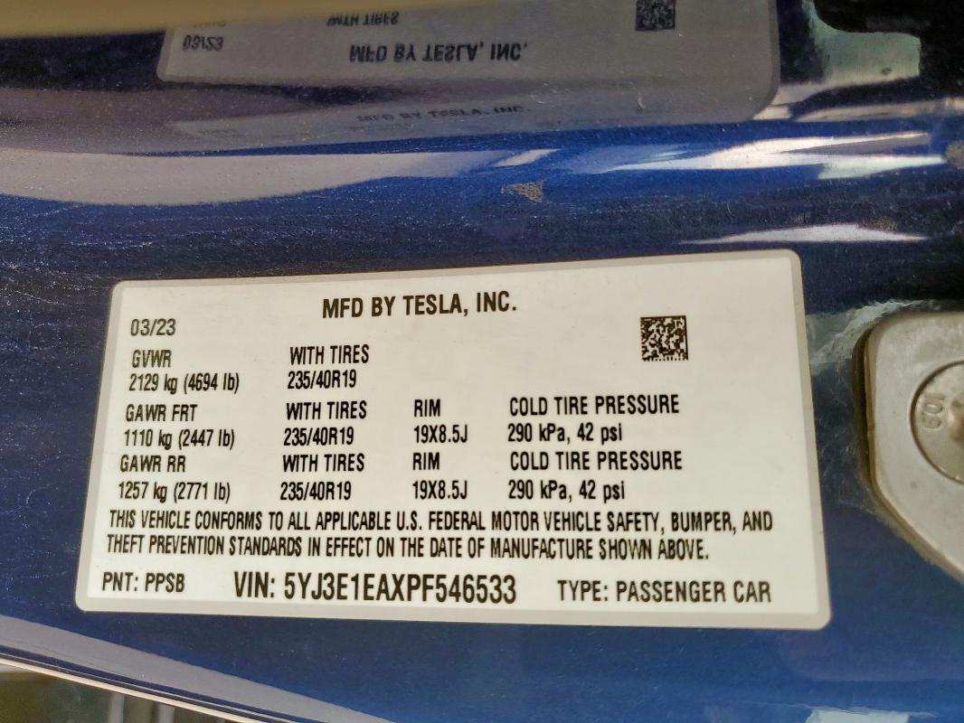 5YJ3E1EAXPF546533 - 2023 TESLA MODEL 3 Mavi foto 12