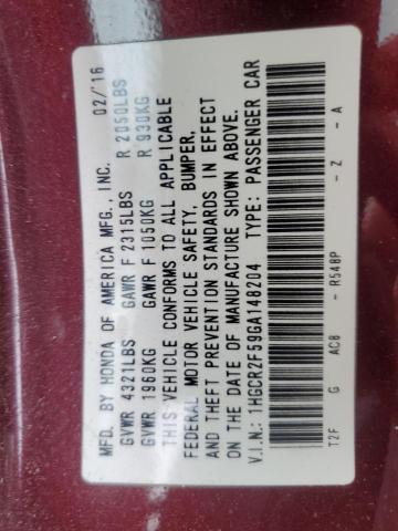 1HGCR2F59GA148204 - 2016 HONDA ACCORD SPORT Bordo foto 12