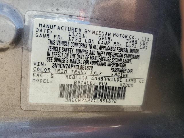 3N1CN7AP7CL851872 - 2012 NISSAN VERSA S SILVER photo 12