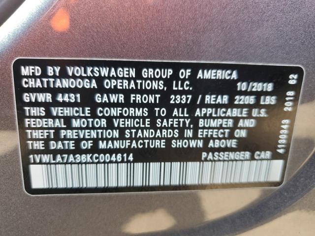 1VWLA7A36KC004614 - 2019 VOLKSWAGEN PASSAT WOLFSBURG GRAY photo 12