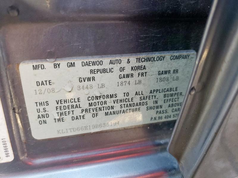 KL1TD66E19B635194 - 2009 CHEVROLET AVEO LS 灰色 照片 12