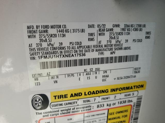 1FMJU1HTXNEA17536 - 2022 FORD EXPEDITION XLT WHITE photo 13