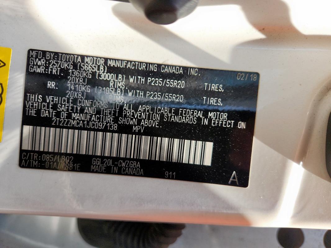 2T2ZZMCA1JC097138 - 2018 LEXUS RX 350 BASE 白色 照片 12