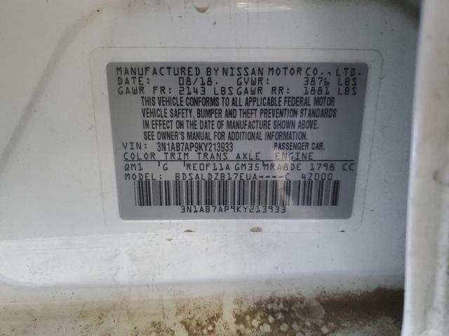 3N1AB7AP9KY213933 - 2019 NISSAN SENTRA S 白色 照片 12